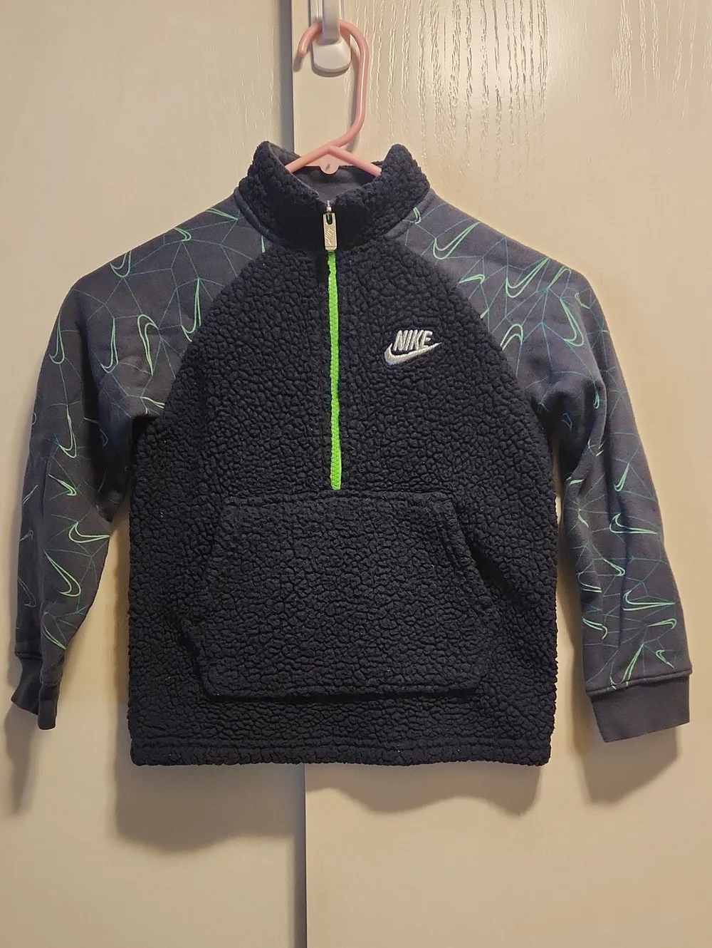Nike Kids M (5-6) Navy Sherpa Half-Zip Pullover with Neon Green Trim